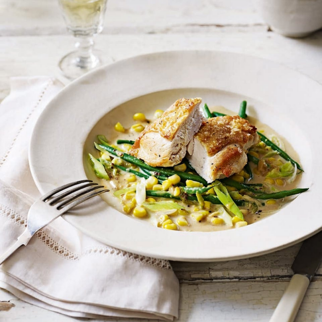 Chicken with creamy sweetcorn, green beans and spring onions
