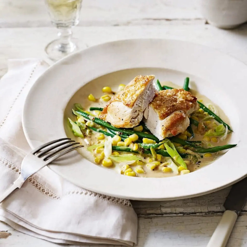 Chicken-with-creamy-sweetcorn-green-beans-and-spring-onions The Fat Butcher