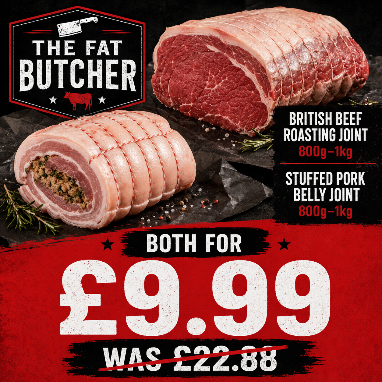 British beef joint with free stuffed pork belly joint