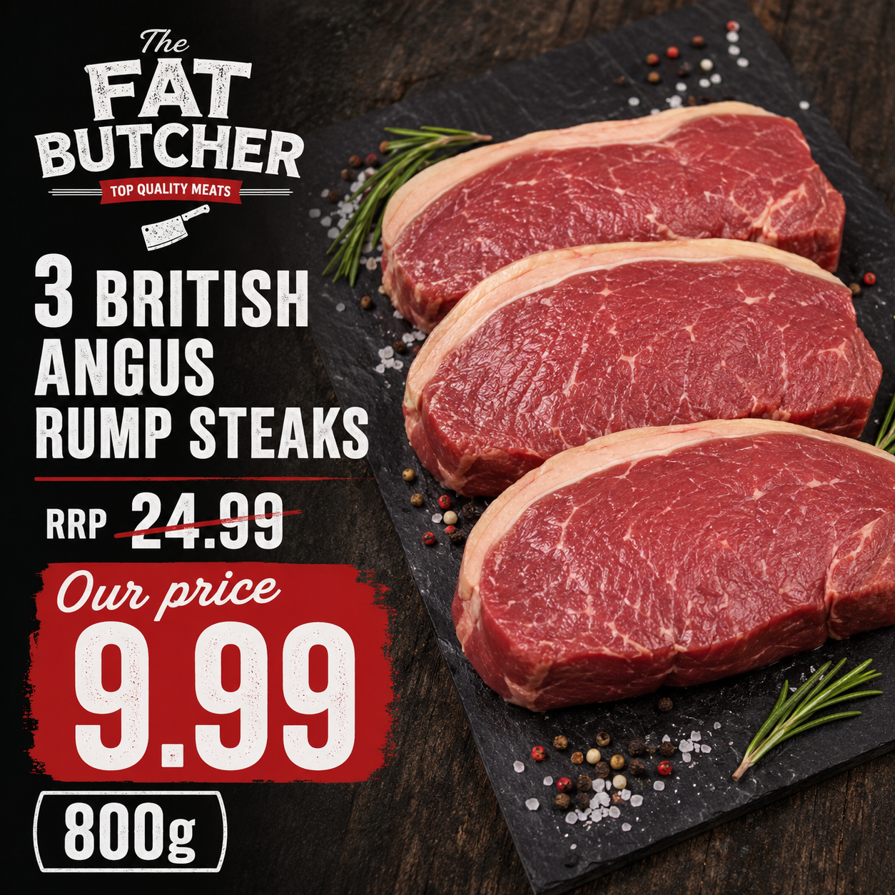 3 British Angus rump steaks 800g