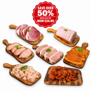 Half Price Family Saver meat box — gammon steaks, boneless loin of pork, chicken breast fillets, pork loin steaks, garlic pork loin steaks, diced chicken breast and BBQ chicken wings