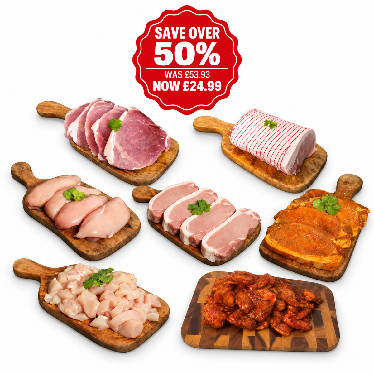 Half Price Family Saver meat box — gammon steaks, boneless loin of pork, chicken breast fillets, pork loin steaks, garlic pork loin steaks, diced chicken breast and BBQ chicken wings