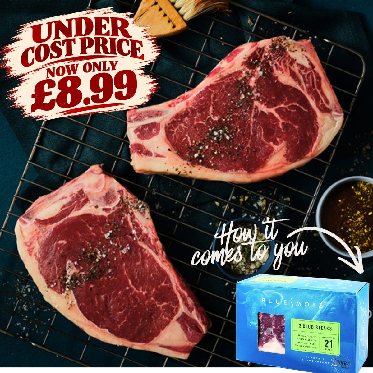 Two Blue Smoke bone-in club steaks for £8.99