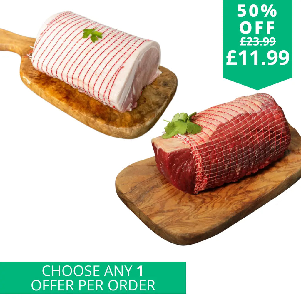 Silverside joint with a free Pork loin joint dressed with garlic and herbs  The Fat Butcher