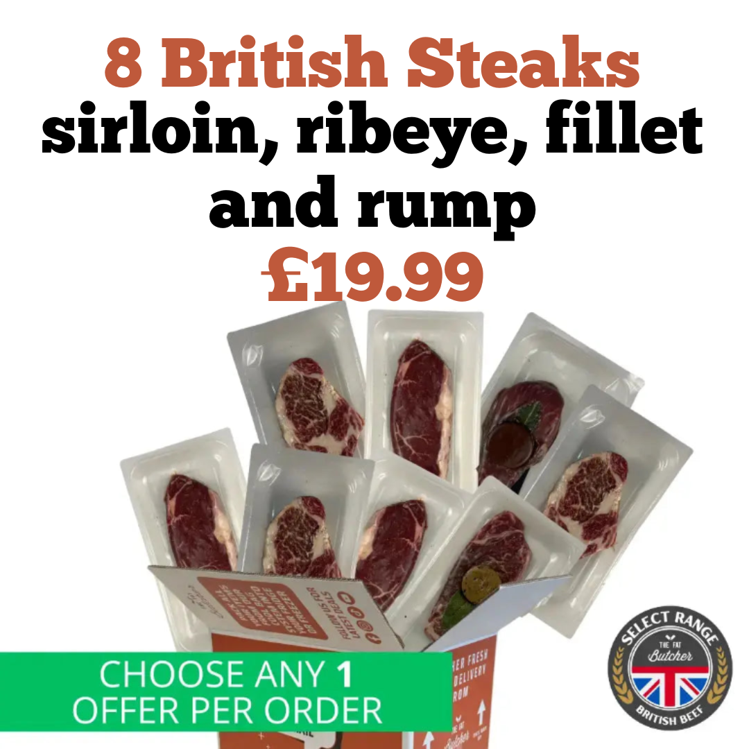 8 Premium British Ribeye, Fillet, Rump and Sirloin Steaks