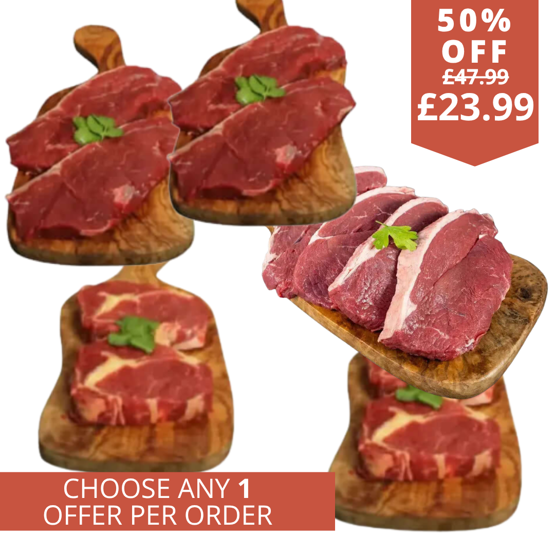 2.4kg mixed British ribeye sirloin and rump steaks