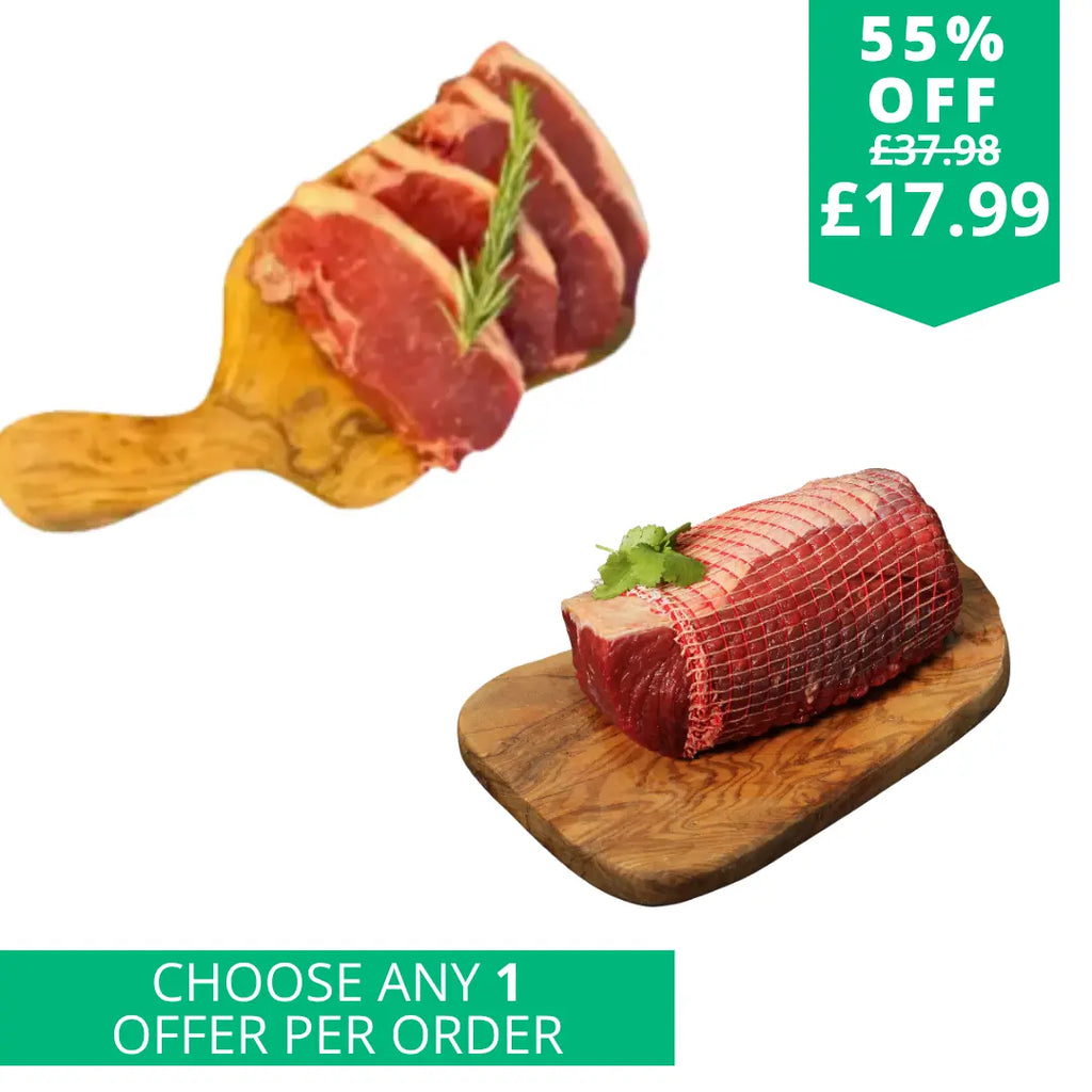 4 Prime Sirloin steaks + A FREE Beef roasting joint  The Fat Butcher