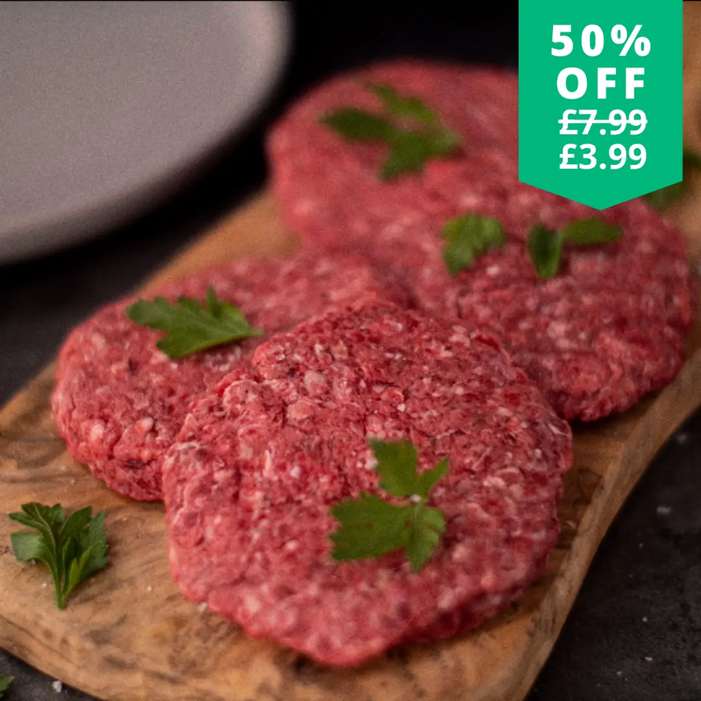 4 large British beef burgers with a peppered crust  The Fat Butcher