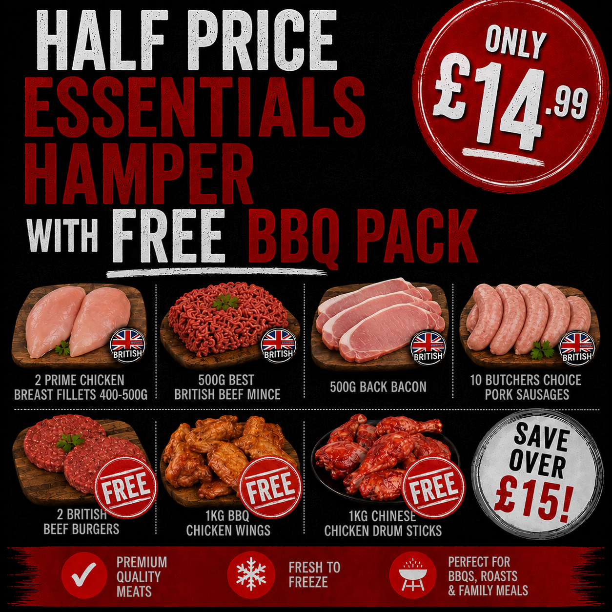 Half price essential hamper + FREE BBQ box