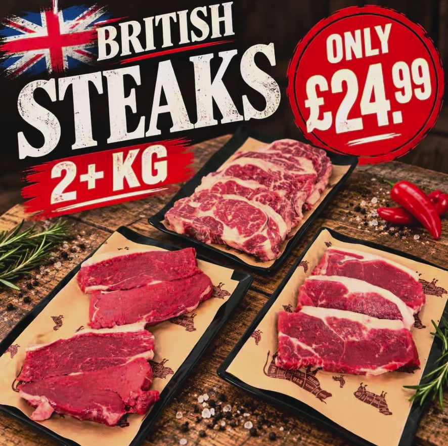 Load video: British Beef Mixed Retail Steaks 2kg